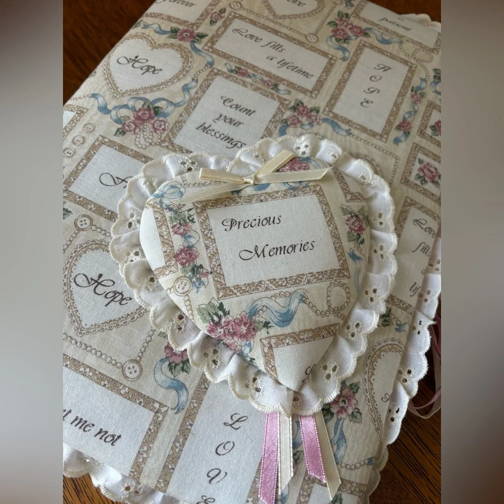 Vintage Fabric Covered Photo Album Shabby Chic Bow Heart Eyelet Scalloped Edge